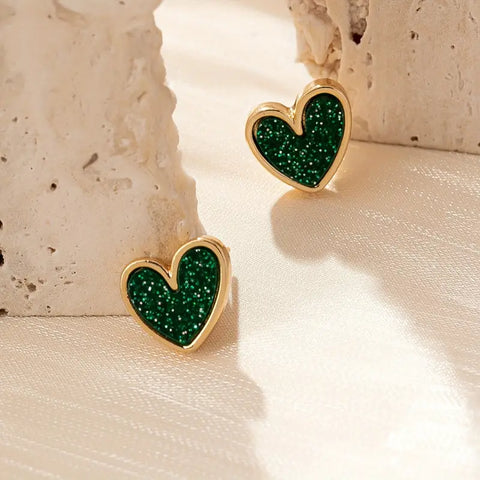Mini Heart Stud Earrings - Green