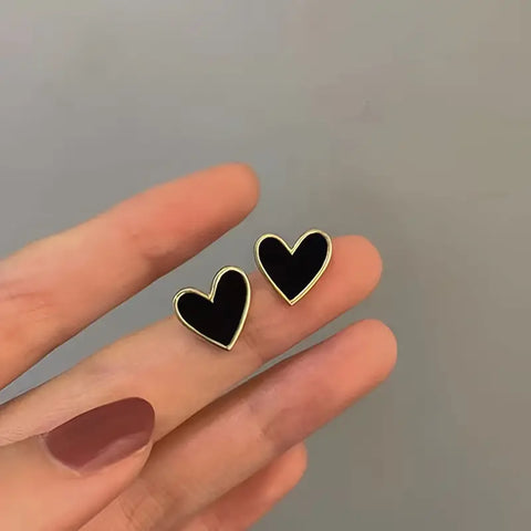 Mini Heart Stud Earrings - Black
