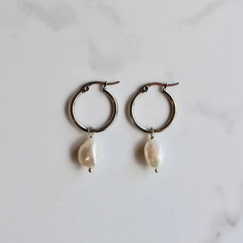 Ariel Pearl Hoops - Silver