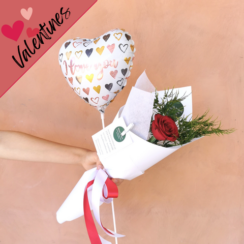 You're All I Need Wrapped Red or Pink Rose - with an 'I Love You' Balloon