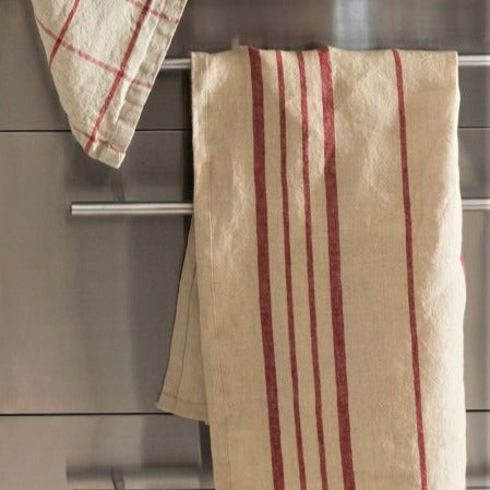 Pure Linen Red Stripes Tea Towel
